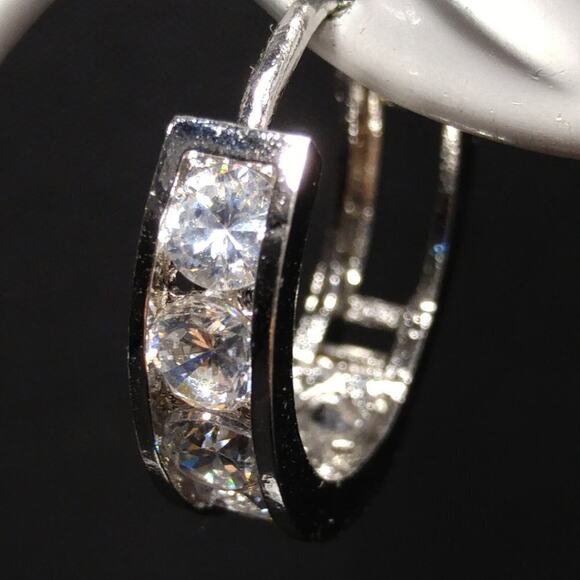 Silver 925 Hoop Post Earrings, Clear Rhinestones, 3/4 Inch - Picture 5 of 10